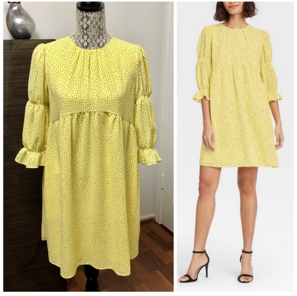 Peasant Babydoll Dress‎ Soft Yellow Button Back Puff Sleeve Above Knee Sz S
